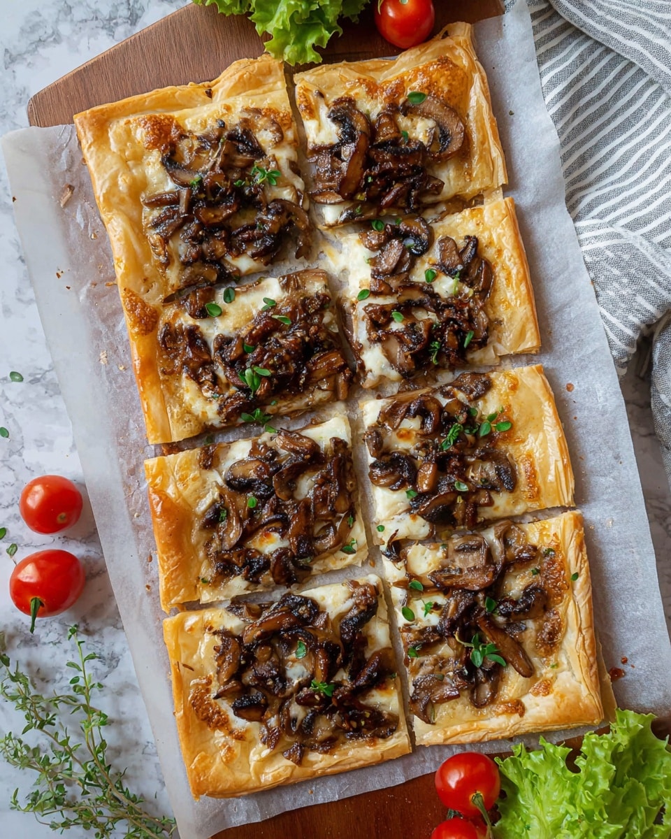 A rectangular flat pastry cut into six even squares, each topped with sautéed mushrooms that are dark brown and glossy, scattered unevenly over a melted, creamy white cheese layer. The pastry crust is golden and puffed, framing the toppings with a slight shine. Small green herb leaves are lightly sprinkled on top, adding a touch of color contrast. The pastry rests on white parchment paper placed on a wooden board, with bright red cherry tomatoes and fresh green lettuce leaves visible near the edges. The background features a white marbled texture with a striped cloth partially visible. Photo taken with an iphone --ar 4:5 --v 7