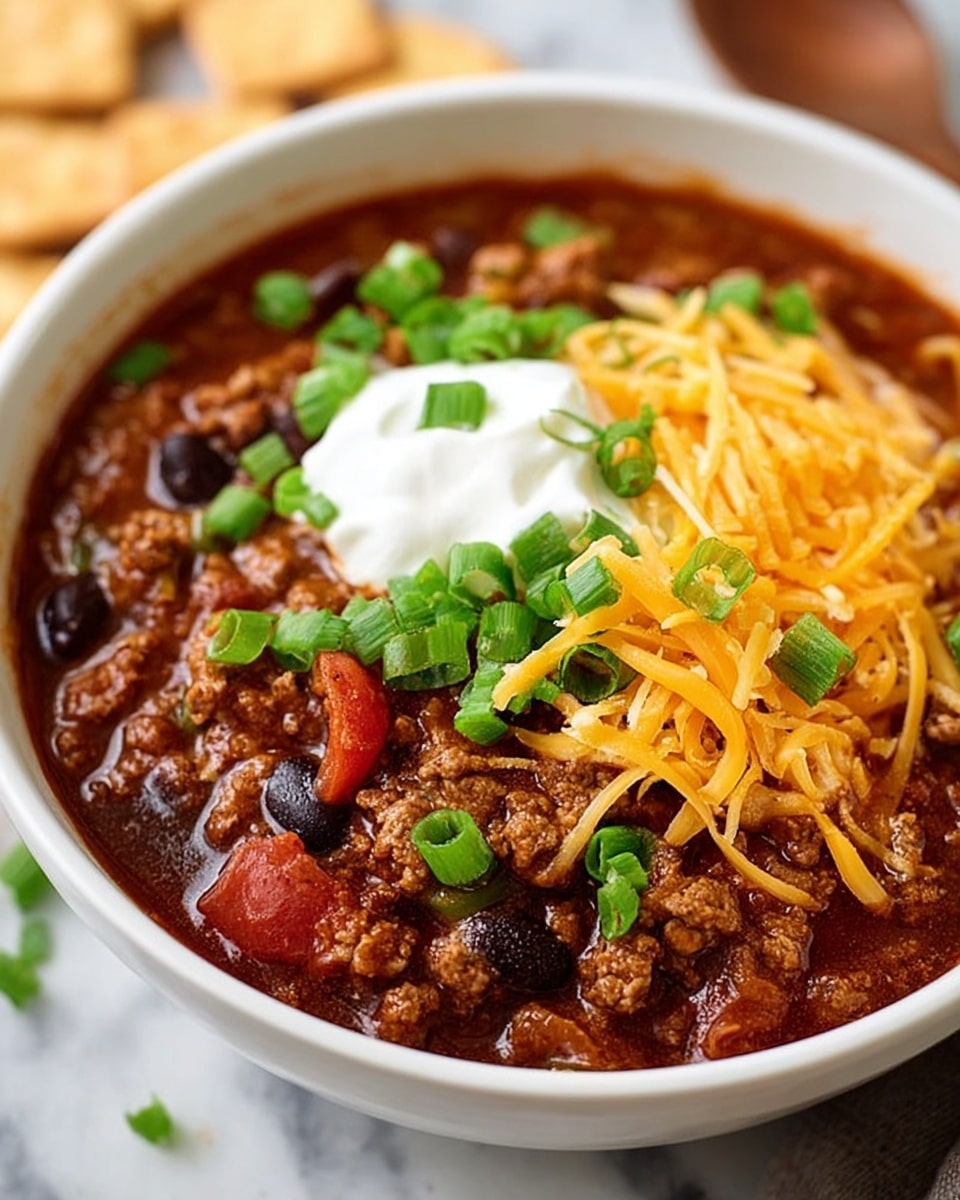 A white bowl filled with thick chili, showing multiple layers: at the base, a rich, dark red stew with ground meat, black beans, and pieces of tomato mixed in, topped on one side by a pile of bright orange shredded cheddar cheese, on the other side a scoop of white sour cream and a generous sprinkle of chopped green onions. The bowl sits on a white marbled surface with some blurred brown crackers in the background. The textures include the slightly chunky chili, creamy sour cream, soft cheese shreds, and fresh green onions. Photo taken with an iphone --ar 4:5 --v 7