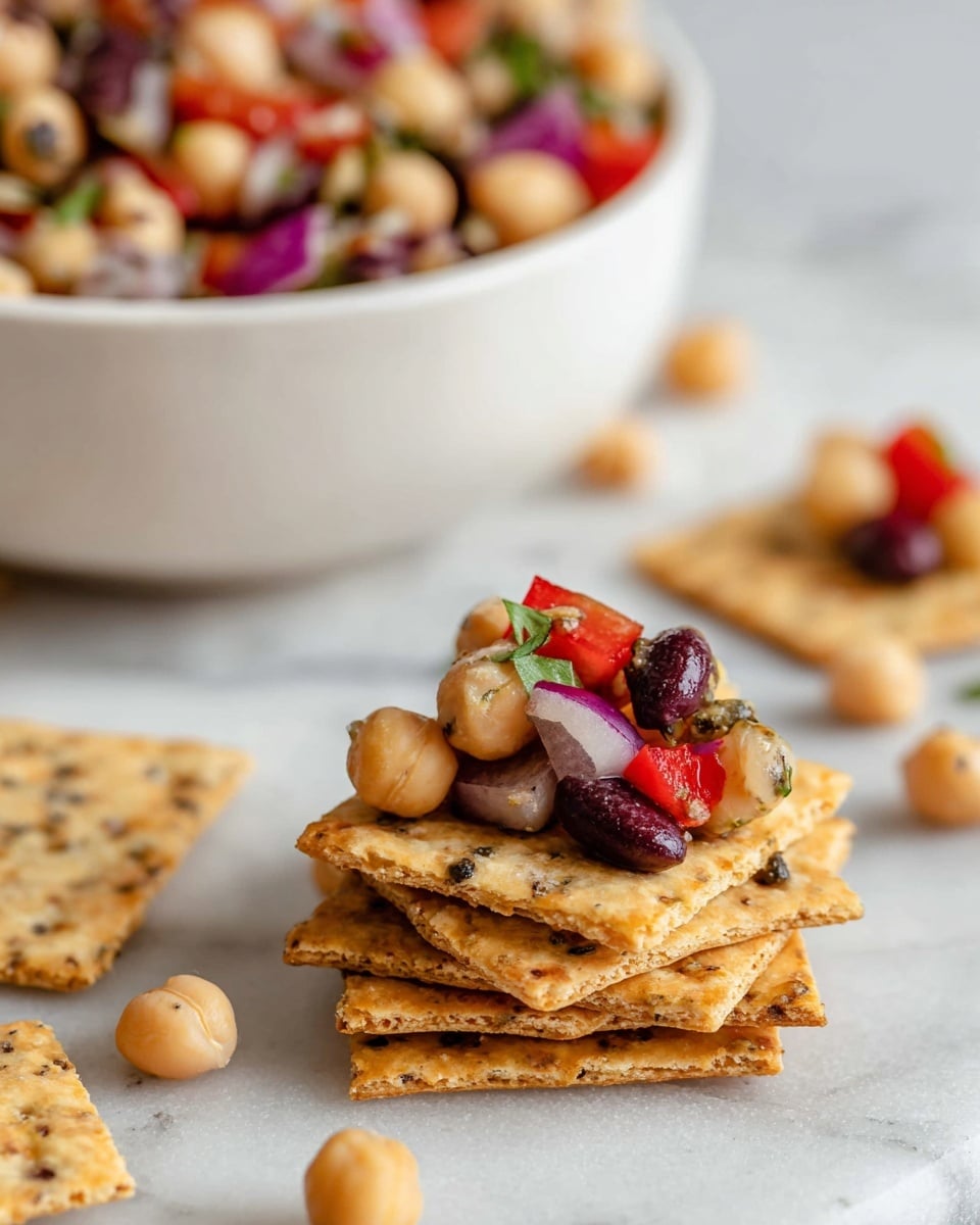 A small stack of seven square shaped crackers with a rough texture and speckled seasoning sits on a white marbled surface, topped with a colorful bean salad made of pale beige chickpeas, dark kidney beans, bright red bell pepper, and small pieces of purple onion and green herbs. One cracker in the front holds a similar small heap of bean salad, surrounded by loose chickpeas scattered around it. In the background, a large white bowl filled with more of the same bean salad is partially visible, slightly blurred to keep focus on the crackers in front. Photo taken with an iphone --ar 4:5 --v 7