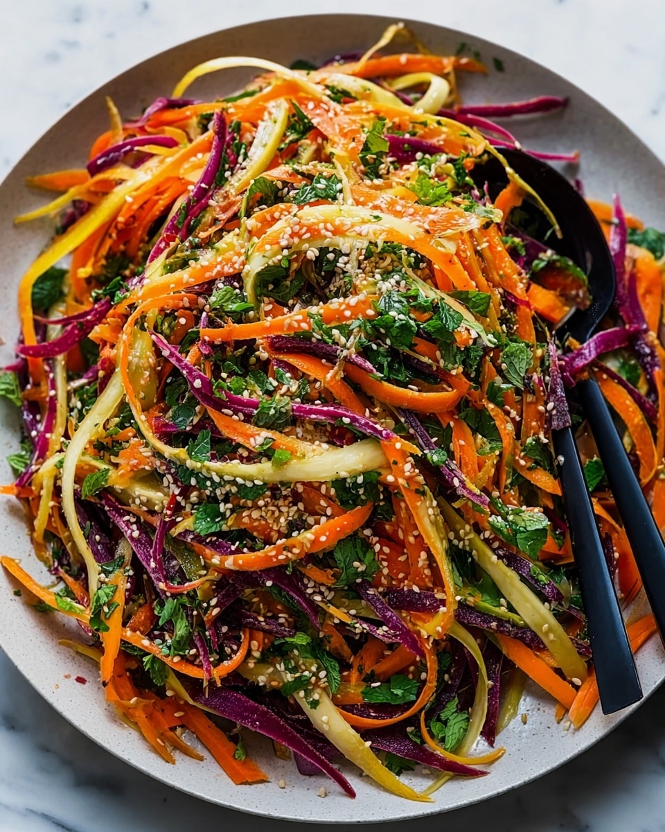 This image shows a colorful salad made of thinly sliced carrot, purple carrot, and light yellow carrot strips mixed evenly with chopped green herbs like parsley and mint, spread across a white plate. The salad is topped with white sesame seeds scattered throughout, adding a grainy texture. A black fork and spoon rest on the right side of the plate, contrasting with the vibrant vegetables. The background is a white marbled surface, keeping the focus on the fresh and bright salad ingredients. photo taken with an iphone --ar 4:5 --v 7