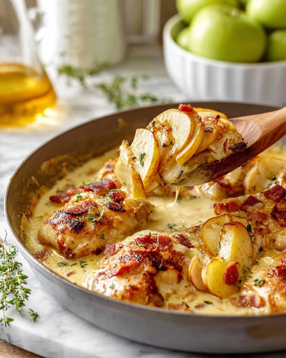 A close-up of a skillet filled with several golden brown chicken pieces layered in creamy, thick sauce with bits of crispy bacon and small green herb leaves sprinkled on top. A wooden spoon lifts one piece, showing a juicy chicken layer topped with soft, curled apple slices that are yellow with a light brown caramelized edge. The skillet sits on a white marbled surface with a blurred background of a white bowl of green apples and a glass jug with a golden liquid. Photo taken with an iphone --ar 4:5 --v 7