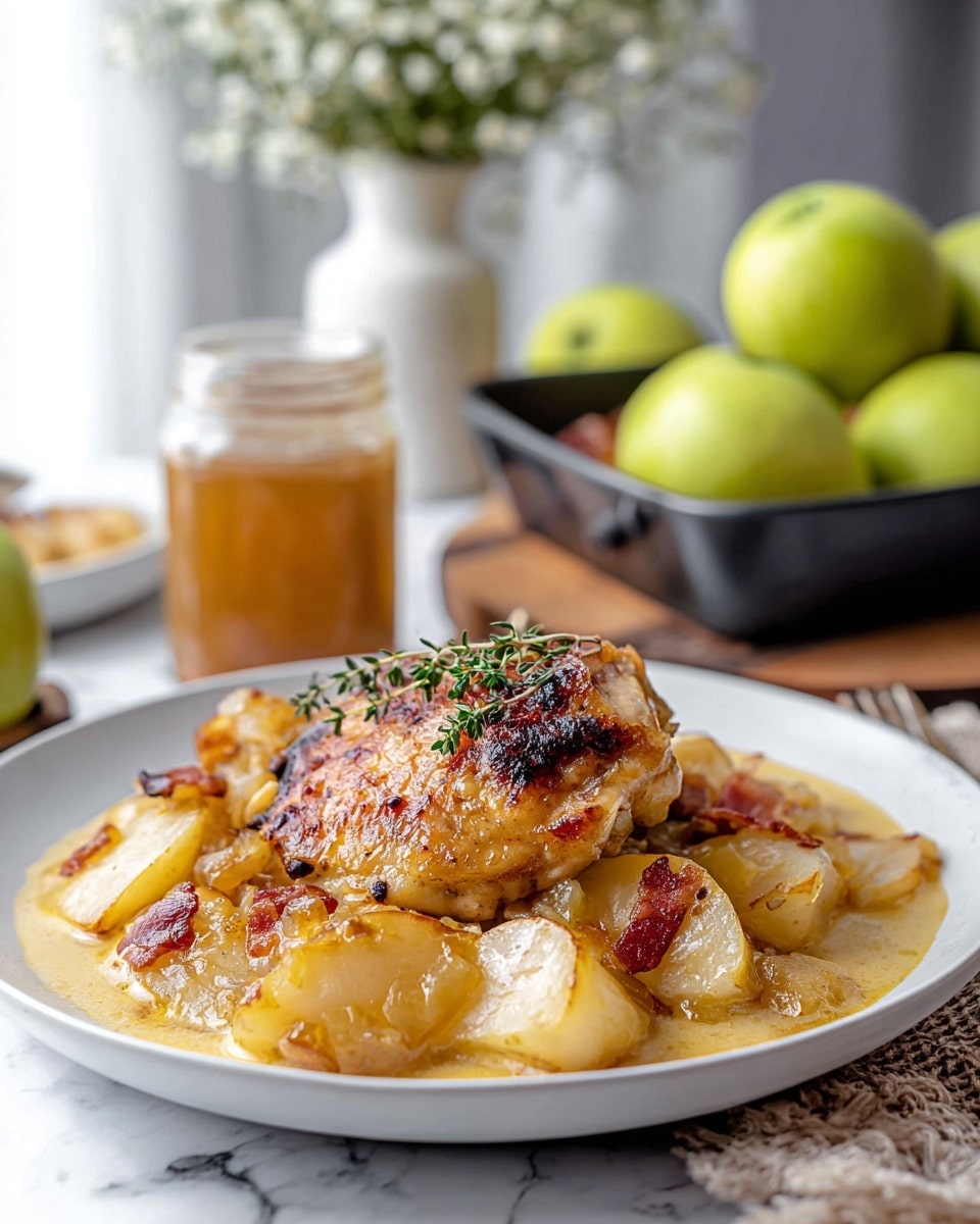 A white plate on a white marbled surface holds a dish with one main piece of browned, crispy chicken on top, showing a golden skin with charred bits. Around the chicken are light brown cooked apple slices with a slightly soft texture, covered in a creamy sauce with bits of caramelized onions and small pieces of bacon adding reddish-brown and translucent yellow color. A small green thyme sprig rests on top of the chicken, adding a fresh touch. In the background, there is a blurred glass jar with light brown liquid, a white vase with small white flowers, a white plate stacked with fresh green apples, and a black baking dish filled with similar chicken and apples. photo taken with an iphone --ar 4:5 --v 7