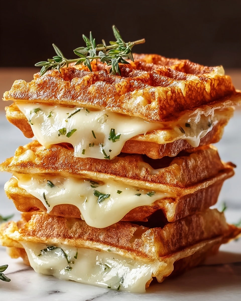 Three stacked golden brown waffles with a crisp texture hold a gooey, melted white cheese filling that stretches slightly between each waffle. Small green herb pieces are mixed into the cheese, adding contrast to the creamy layer. On top of the stack, a small green herb sprig rests for decoration. The image is set against a white marbled texture in soft lighting, highlighting the crispy and melty details of the waffles and cheese. photo taken with an iphone --ar 4:5 --v 7