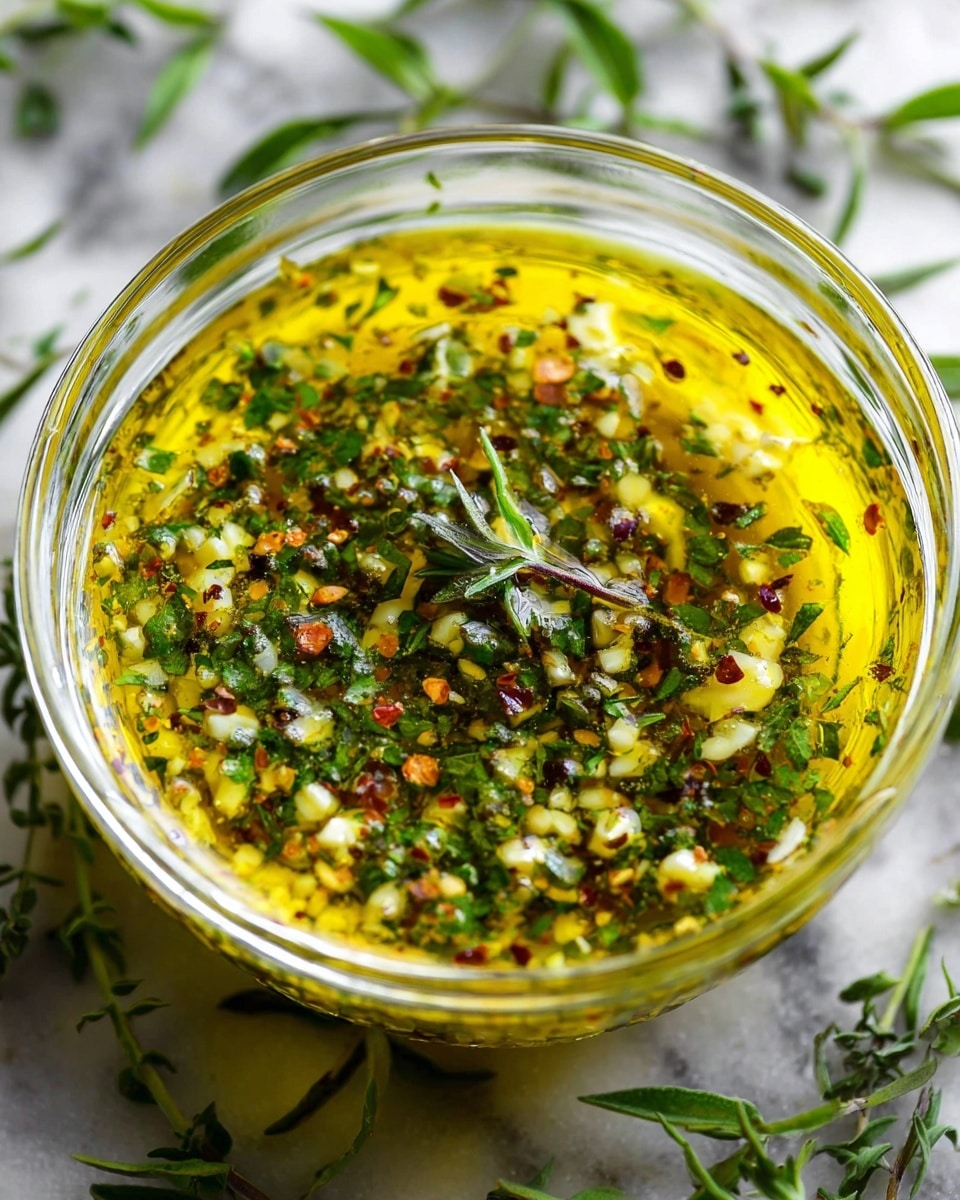 A clear glass bowl filled with a bright yellow olive oil layer that covers finely chopped green herbs, small white garlic pieces, and tiny red chili flakes, all mixed together. The top of the mixture features small green herb sprigs, adding texture and a fresh look. The bowl sits on a white marbled surface, and some green herb sprigs are placed around the bowl for decoration. The photo is close up, showing the oil's shine and the texture of the herbs and spices inside. photo taken with an iphone --ar 4:5 --v 7