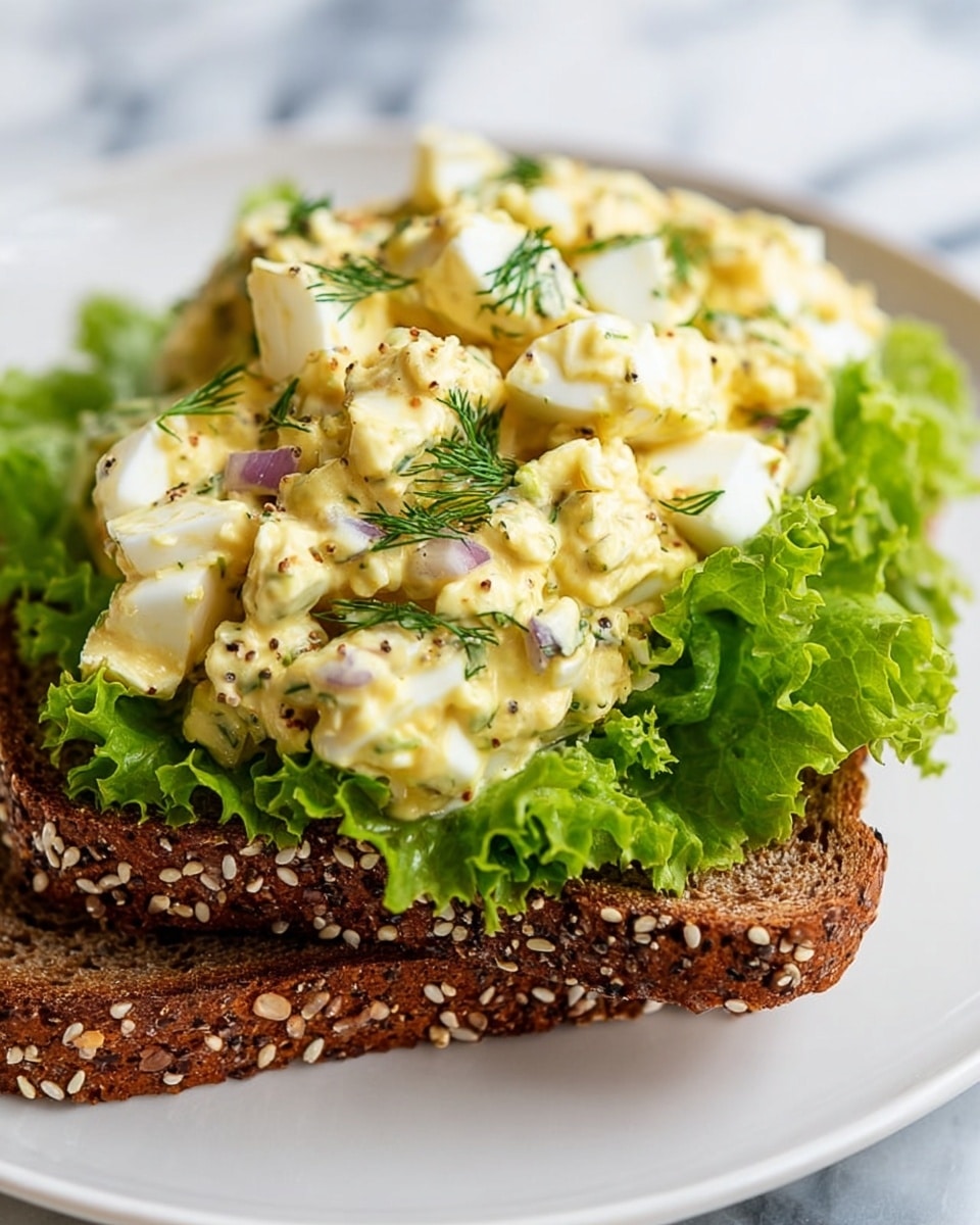 A sandwich on a white plate with a white marbled texture background, featuring two slices of dark brown multigrain bread speckled with white and black sesame seeds at the bottom. On top, there is a layer of bright green curly lettuce leaves that add a fresh, crisp texture. The main topping is a chunky, creamy egg salad with visible pieces of chopped boiled egg whites, yellow yolk mixed with mayonnaise or dressing, small bits of red onion, capers, and fresh dill sprinkled throughout. The egg salad is generously piled, covering the lettuce and bread entirely, showing soft and slightly lumpy textures with a mix of pale yellow and white colors accented by green herbs. photo taken with an iphone --ar 4:5 --v 7