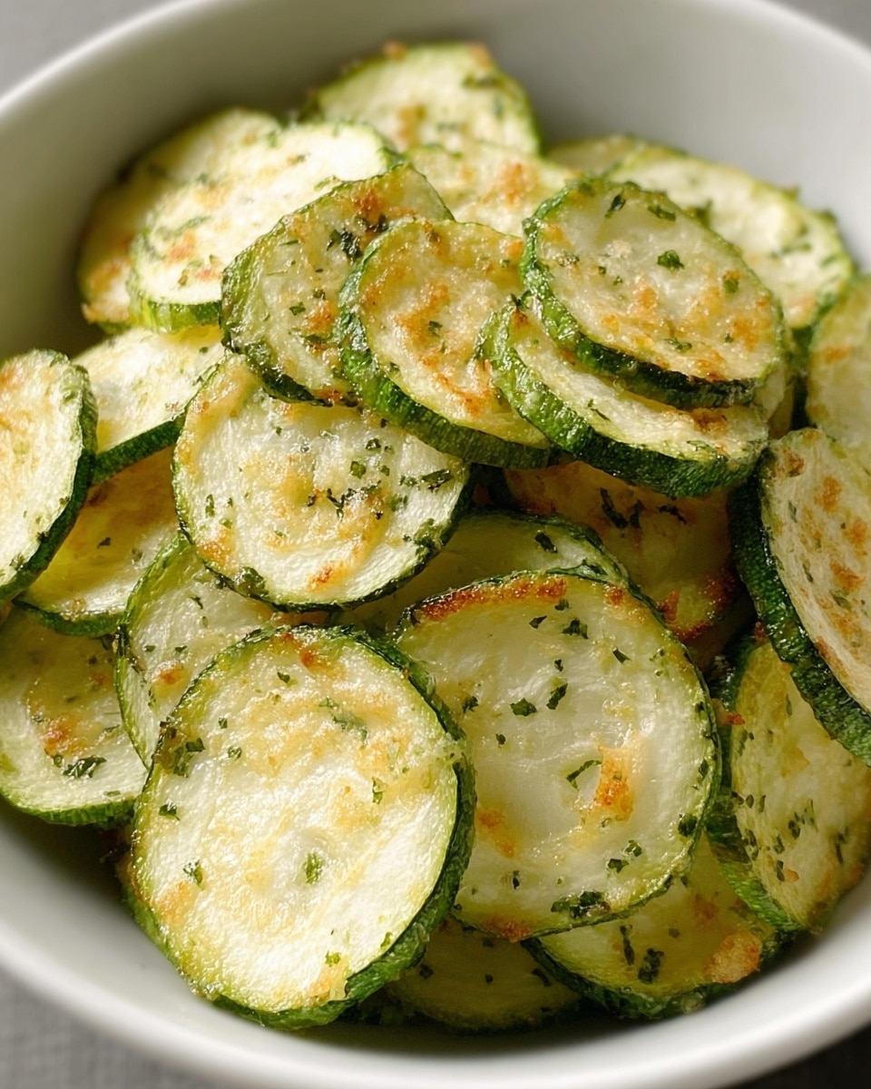 A close-up image of a white bowl filled with several thin, round slices of cooked zucchini. The slices have a light green edge with a slightly darker green peel, and the inner flesh is pale green to white with small specks of green herbs and light golden-brown bits, showing a lightly fried or baked texture. The zucchini slices are layered unevenly, overlapping each other in a casual pile inside the bowl. Photo taken with an iphone --ar 4:5 --v 7