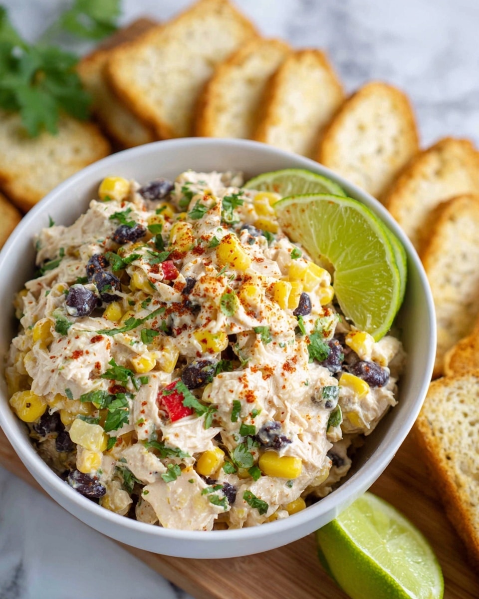 A white bowl filled with a creamy salad made of shredded chicken, black beans, yellow corn, small pieces of red bell pepper, and green herbs mixed throughout; the salad is topped with a light dusting of red spice and fresh chopped cilantro, with a bright green lime wedge placed on the right side inside the bowl; in the background, white toasted bread slices fan out on a wooden board, and the whole scene sits on a white marbled surface. photo taken with an iphone --ar 4:5 --v 7