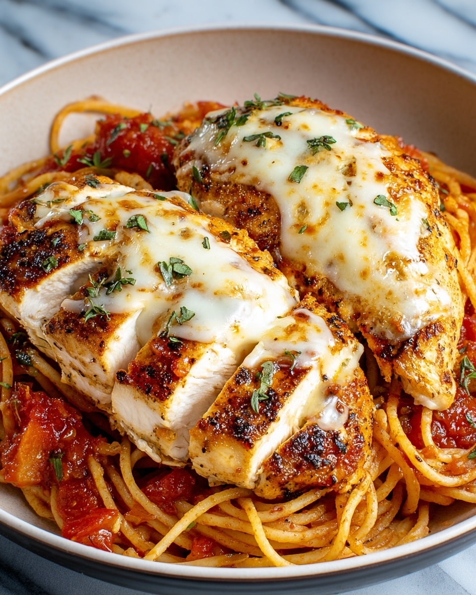 A close-up of two thick slices of grilled chicken breast with lightly browned and melted white cheese on top, sprinkled with small green herb pieces, resting on a bed of spaghetti coated in chunky bright red tomato sauce with visible pieces of tomato and herbs. The chicken and spaghetti sit inside a simple white shallow bowl that contrasts with the vibrant colors of the food, and the background shows a white marbled texture surface. Photo taken with an iphone --ar 4:5 --v 7