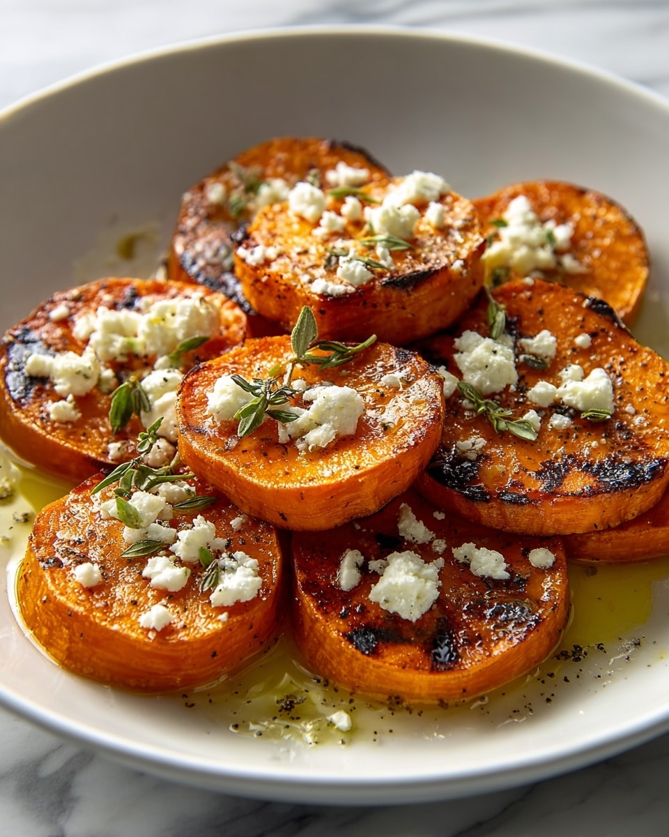 A white shallow bowl holds about seven thick, round slices of roasted sweet potato stacked slightly unevenly. Each slice is a bright orange color with caramelized, browned edges and grill marks on their tops, giving a crispy texture. Small white crumbles of soft cheese are scattered over the sweet potatoes, along with sprigs of green herbs and a glossy drizzle of olive oil and black pepper seasoning pooling slightly at the bottom. The bowl sits on a surface with a white marbled texture. photo taken with an iphone --ar 4:5 --v 7