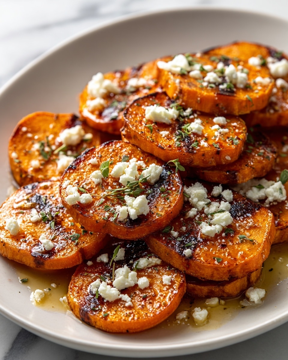The image shows a white plate filled with thick round slices of roasted orange sweet potatoes, arranged in a slightly overlapping layered pile. Each slice has a crispy, caramelized surface with a rich amber color and some dark grill marks. Crumbled white cheese is sprinkled generously over the top of the slices, adding a soft texture contrast. There are small fresh green herb leaves scattered across the sweet potatoes, and a shiny glaze of oil or honey gives a glossy finish to the dish, pooling slightly on the plate. The plate is set on a white marbled surface. photo taken with an iphone --ar 4:5 --v 7