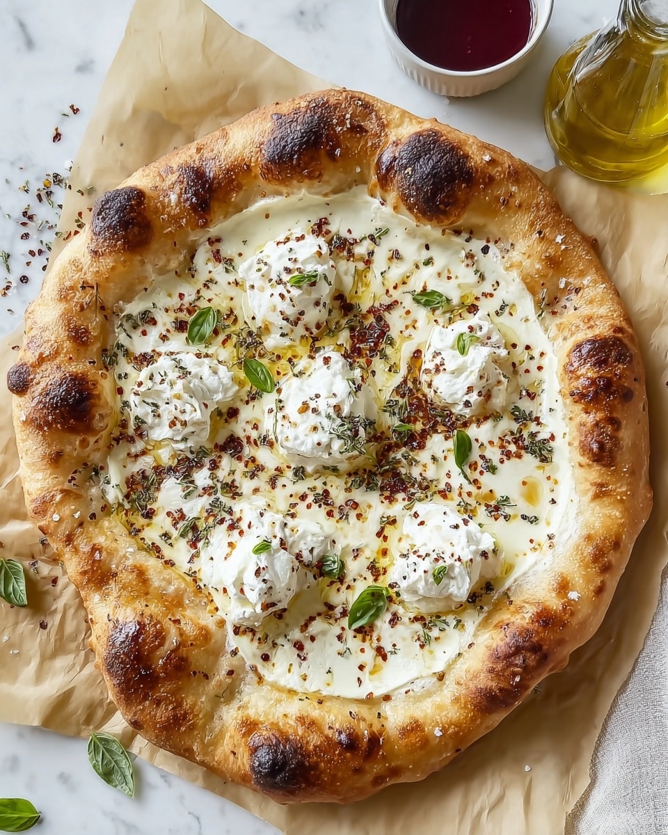 A round pizza with a puffed, golden-brown crust that has some dark charred spots, topped with a creamy white cheese spread evenly across the base. On top of this are dollops of soft, fluffy white cheese scattered evenly, sprinkled with crushed black pepper and small green basil leaves. The pizza is placed on parchment paper over a white marbled surface, with a small cup of dark red sauce and a jar of light olive oil visible in the top right corner. The whole setting gives a fresh and rustic look. photo taken with an iphone --ar 4:5 --v 7