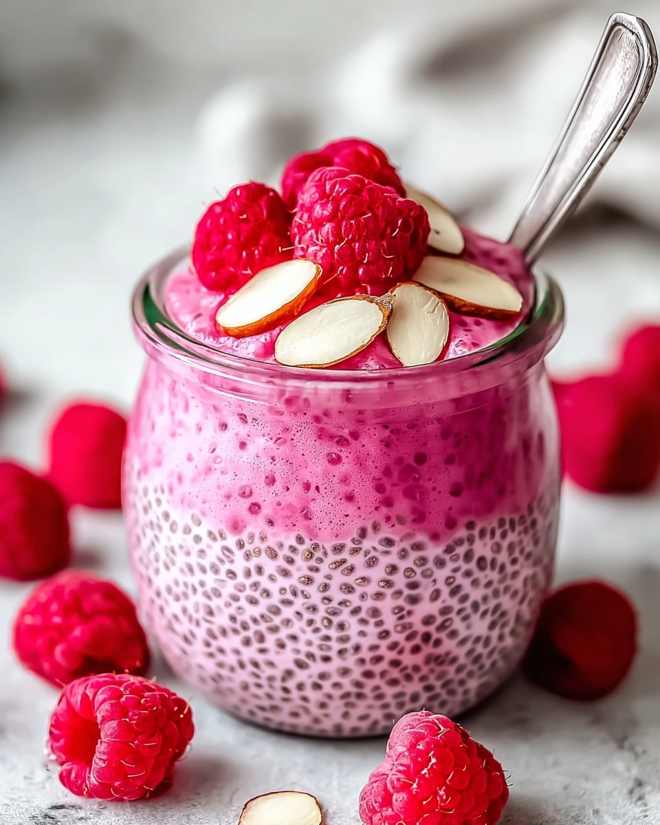 A small round glass jar is filled with a bright pink chia seed pudding, showing two layers: the thick pudding base studded with tiny black chia seeds, and the slightly risen surface layer that looks smooth yet textured. On top, three fresh red raspberries and three light brown almond slices with a smooth oily shine sit as decoration. There is a silver spoon sticking into the pudding from the right side. Around the jar, a few scattered fresh raspberries rest on a white marbled textured surface, creating a fresh and colorful scene. Photo taken with an iphone --ar 4:5 --v 7