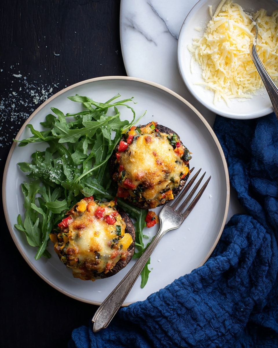 The image shows two stuffed mushrooms on a white plate resting on a white marbled surface. Each mushroom has three main layers: a dark brown base of cooked mushroom caps, a colorful vegetable mix layer with diced red, green, and yellow vegetables, and a melted light yellow cheese topping that looks slightly browned in places. The mushrooms are placed on a bed of fresh green arugula leaves on the left side of the plate. A silver fork lies diagonally across the plate near the mushrooms. In the top right corner, there is a white plate filled with pale yellow grated cheese with a silver spoon resting on it. A blue fabric napkin is placed on the right side of the scene. Photo taken with an iphone --ar 4:5 --v 7