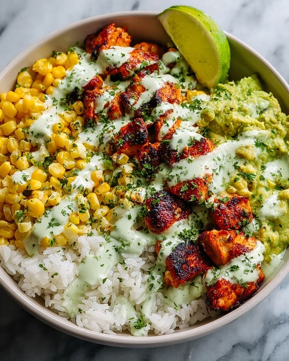 A bowl with four main layers: at the bottom right, white fluffy rice; next to it on the left, bright yellow corn kernels; on the far right, green mashed guacamole; and at the center, grilled chicken pieces with a reddish-brown color. The top is drizzled with a creamy light green sauce and sprinkled with chopped green herbs. A lime wedge is placed on the edge of the bowl. The bowl is white, and it rests on a white marbled surface. photo taken with an iphone --ar 4:5 --v 7