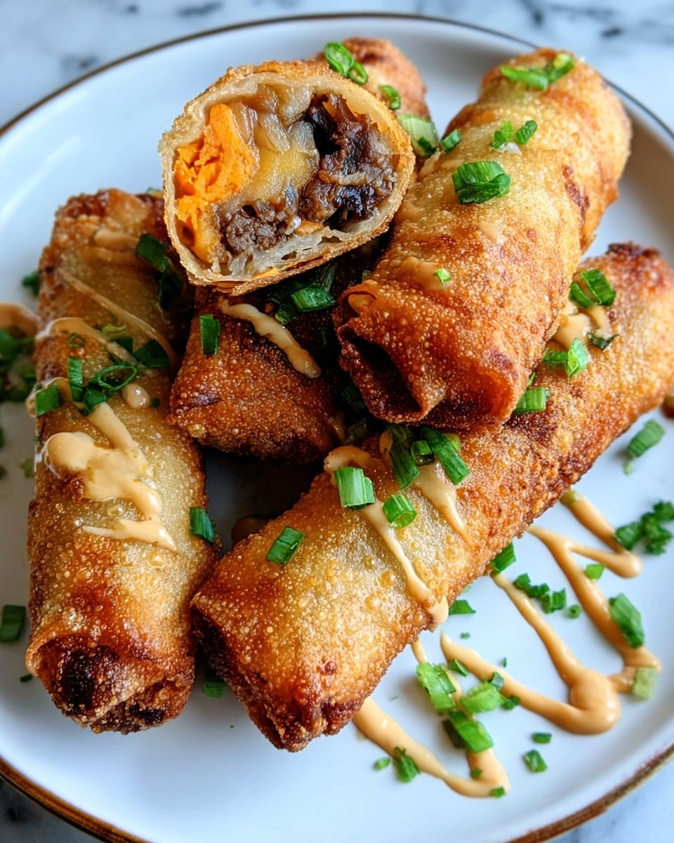 The image shows four crispy spring rolls on a white plate, each spring roll golden brown and crunchy in texture. Two spring rolls are whole, while two are cut in half, revealing a colorful filling with layers of dark brown meat and bright orange sweet potato or similar inside. Light tan drizzles of sauce are spread over some spring rolls, and small pieces of fresh green chopped herbs are sprinkled on top and around the rolls. The plate is set on a white marbled surface. photo taken with an iphone --ar 4:5 --v 7