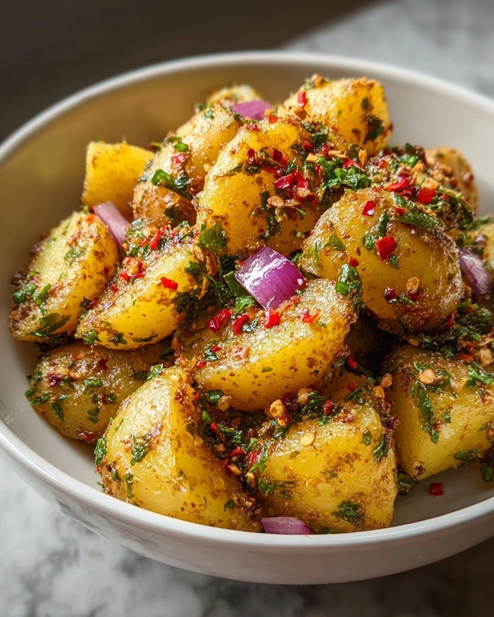 A white bowl filled with golden cooked potato chunks coated with a mix of green herbs and red spice flakes. Small pieces of purple onion and red chili bits are scattered on and around the potatoes, adding color contrast. The potatoes have a light, shiny texture from seasoning, and the dish looks fresh and vibrant. The background shows a white marbled surface. photo taken with an iphone --ar 4:5 --v 7