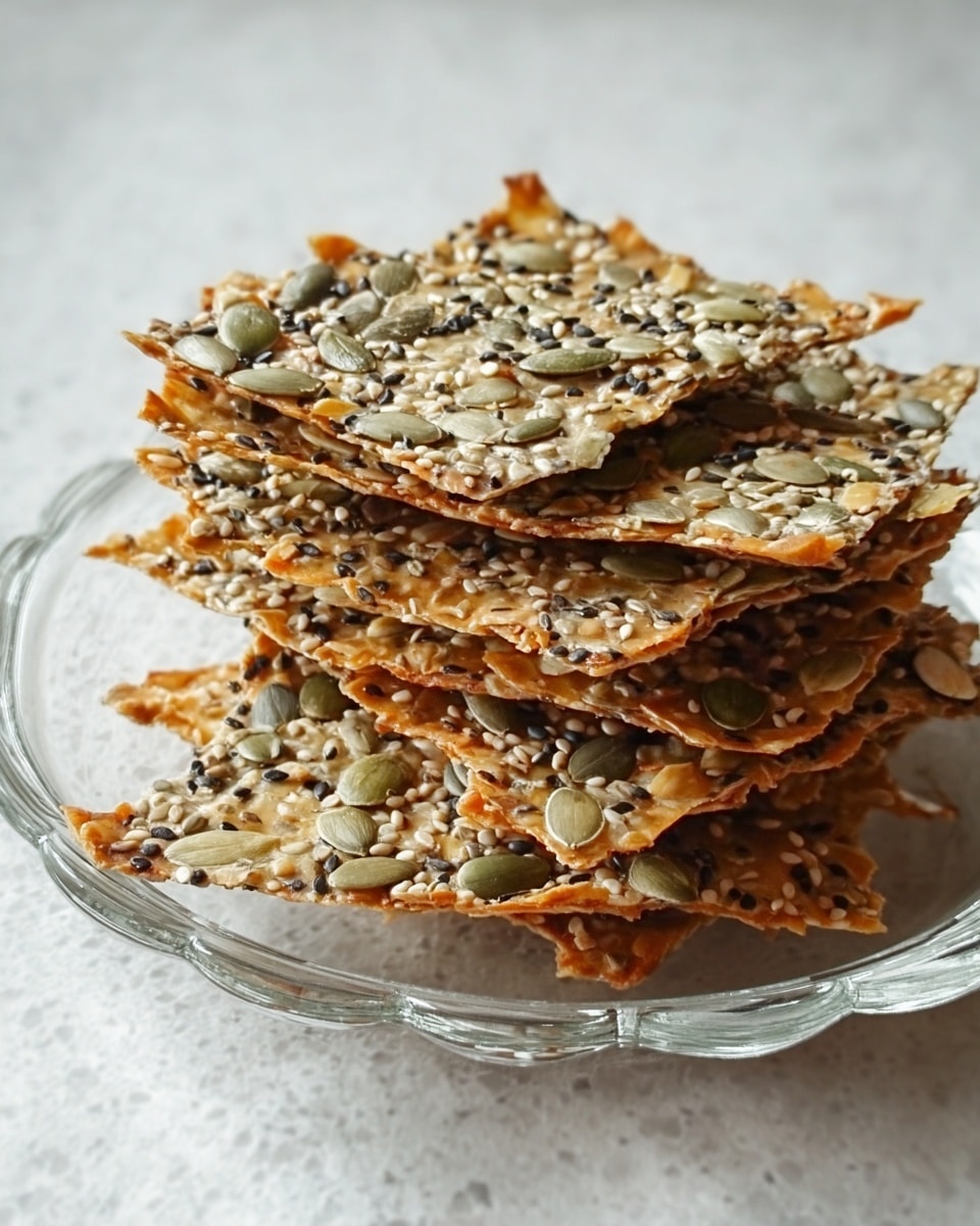 A clear glass plate holds a stack of thin, square seed crackers. Each cracker is light golden brown with a crunchy texture, covered in an assortment of seeds like pumpkin, sesame, and chia, which add shades of green, beige, and black to the surface. The crackers are layered unevenly, with some edges slightly curled or broken, showing their crispness. The plate sits on a white marbled textured surface. photo taken with an iphone --ar 4:5 --v 7