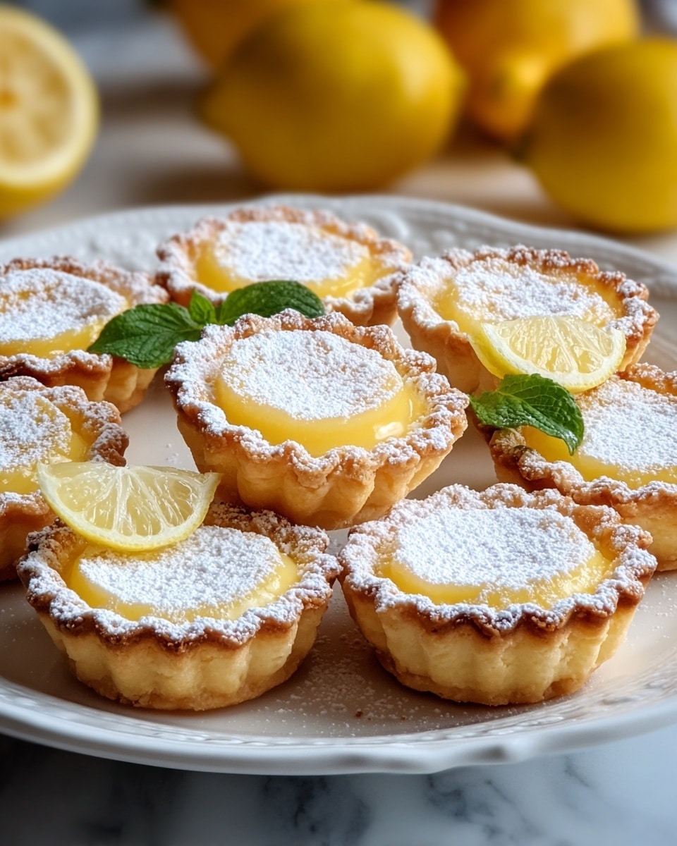 A plate holds nine lemon tarts arranged closely together, each tart having three layers: a bottom golden-baked crust that is slightly crumbly, a middle smooth and glossy yellow lemon curd filling, and a top flaky crust dusted generously with white powdered sugar. The edges of the top crust are scalloped, creating a delicate pattern around each tart. Some tarts reveal a bright yellow lemon wedge behind them, along with a few fresh green mint leaves peeking between the desserts. The white plate has a softly detailed edge and sits on a white marbled textured surface, with whole lemons blurred softly in the background. photo taken with an iphone --ar 4:5 --v 7