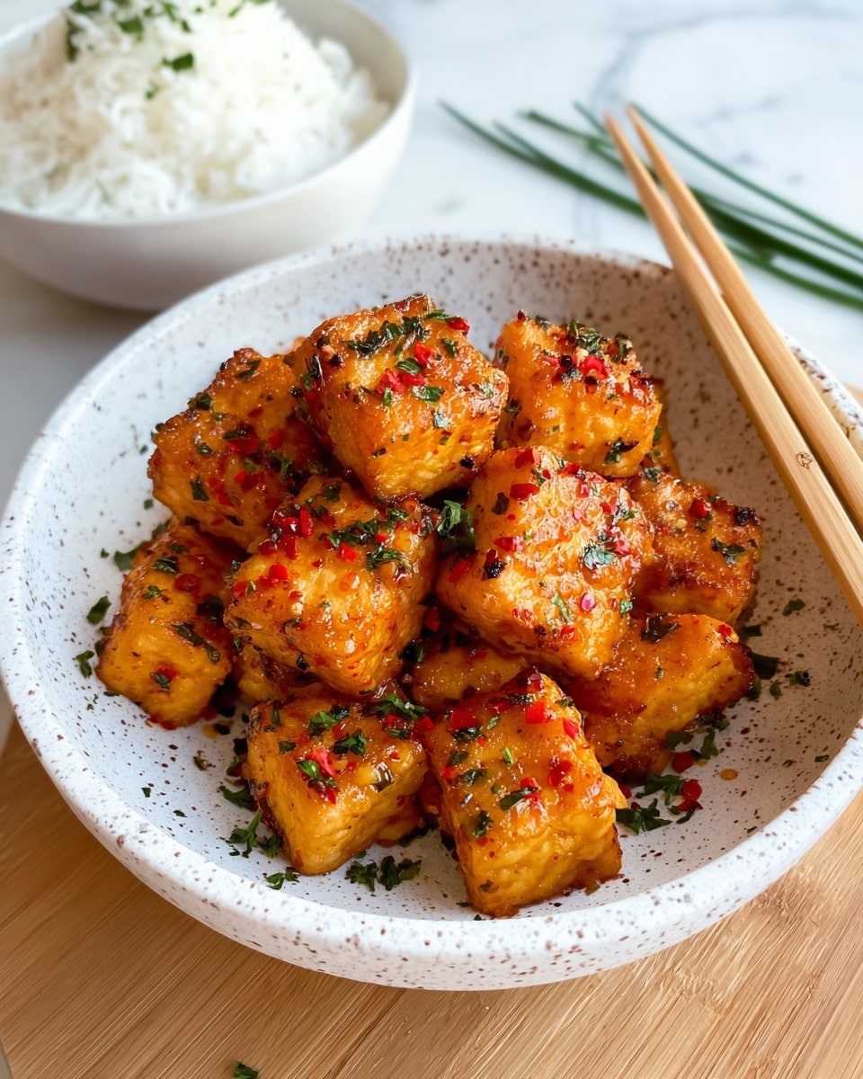 The image shows a white speckled bowl filled with about ten golden-brown cubes of crispy tofu. Each tofu cube is coated with a shiny, bright orange sauce that has small red chili flakes and is sprinkled with finely chopped green herbs, scattered evenly on top and around. The bowl is placed on a white marbled surface, with a pair of light wooden chopsticks resting diagonally on the edge of the bowl. In the background, there is a white bowl filled with plain steamed white rice and some green chives laying on the surface, slightly blurred. photo taken with an iphone --ar 4:5 --v 7