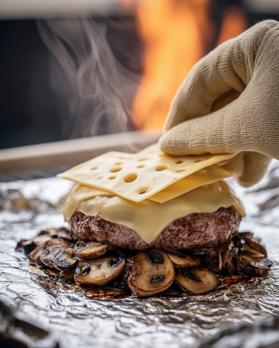 A close-up view of a thick, cooked burger patty layered on a bed of browned sliced mushrooms, all resting on a crinkled piece of shiny aluminum foil. On top of the patty is a smooth, pale yellow Swiss cheese slice with multiple round holes, slightly melted and draping over the edges of the meat. A woman's hand wearing a beige oven mitt is lifting the corner of the foil, with steam rising from the hot burger, creating a smoky atmosphere. The background includes a blurred flame, all set against a white marbled texture. photo taken with an iphone --ar 4:5 --v 7
