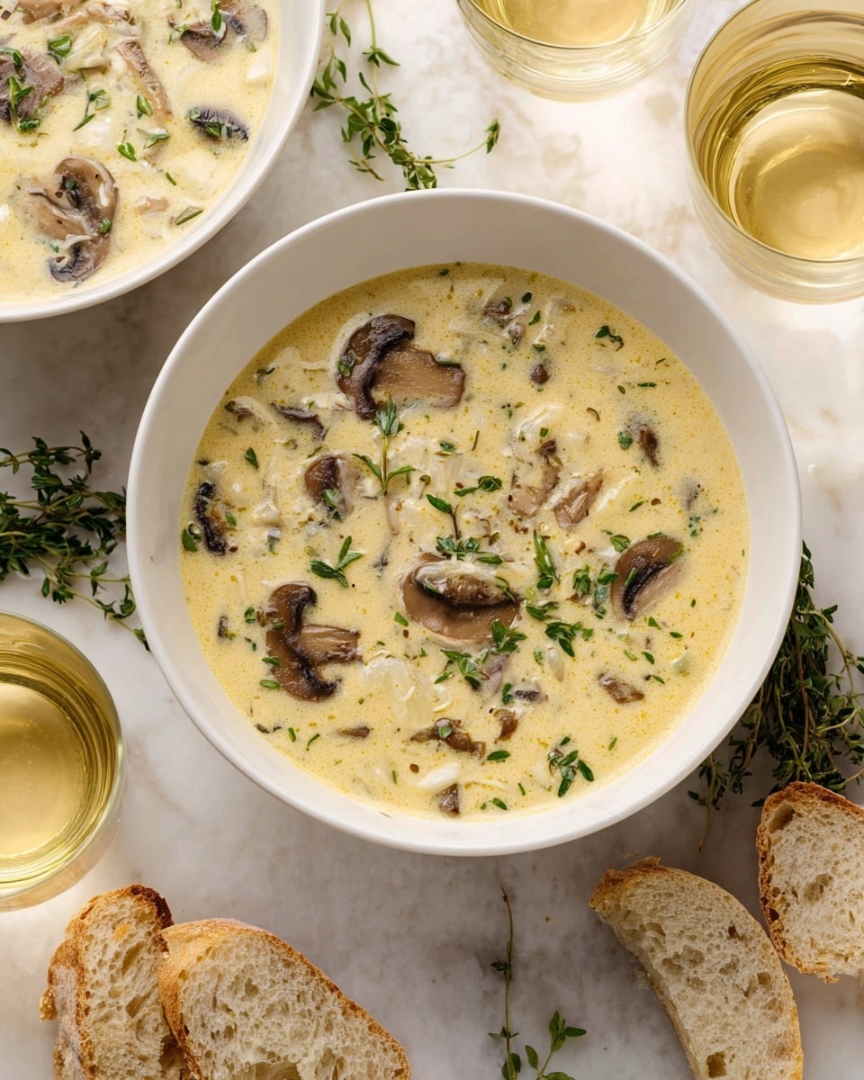 A white bowl filled with creamy mushroom soup showing three layers: a pale yellow creamy broth base dotted with darker brown mushroom slices and finely chopped white onions, scattered with small green herb leaves on top. Next to the bowl are pieces of light brown, airy bread with a crunchy texture. Around the bowl are sprigs of green herbs and two clear glasses of pale golden liquid on a white marbled surface. Another bowl of the same soup is partially visible in the top left corner. photo taken with an iphone --ar 4:5 --v 7