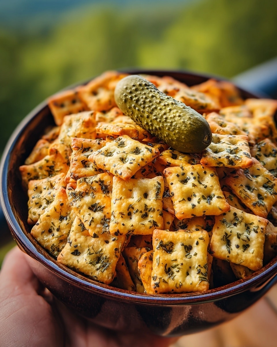 A close-up image of a dark brown bowl full of square-shaped crackers with a waffle-like texture, golden brown with green herb bits sprinkled on top, mixed with small black seeds; on top of the crackers lies a whole green pickle with dark spots, placed at the center, and everything is photographed against a blurred green outdoor background, with a woman's hand holding the bowl from below, photo taken with an iphone --ar 4:5 --v 7