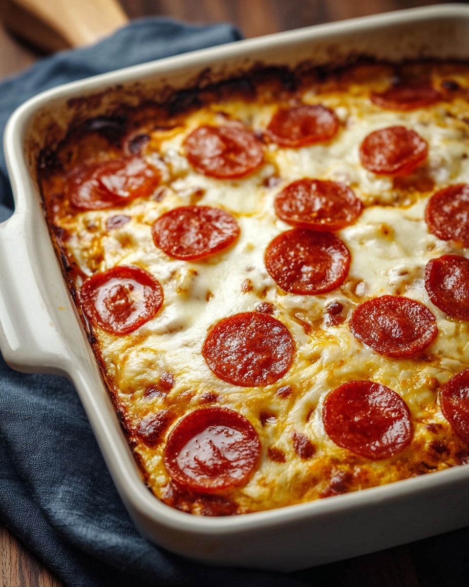 A close-up of a baked dish in a white ceramic square casserole dish, showing melted golden-brown cheese on top with round, shiny, red pepperoni slices evenly spread over the surface. The edges of the cheese are slightly browned and bubbly, with some dark spots indicating crispiness. The dish rests on a dark blue cloth on a wooden surface, but the background is edited to a white marbled texture. The layers inside the dish are not fully visible but suggest a mix of melted cheese and tomato sauce beneath the pepperoni layer. Photo taken with an iphone --ar 4:5 --v 7