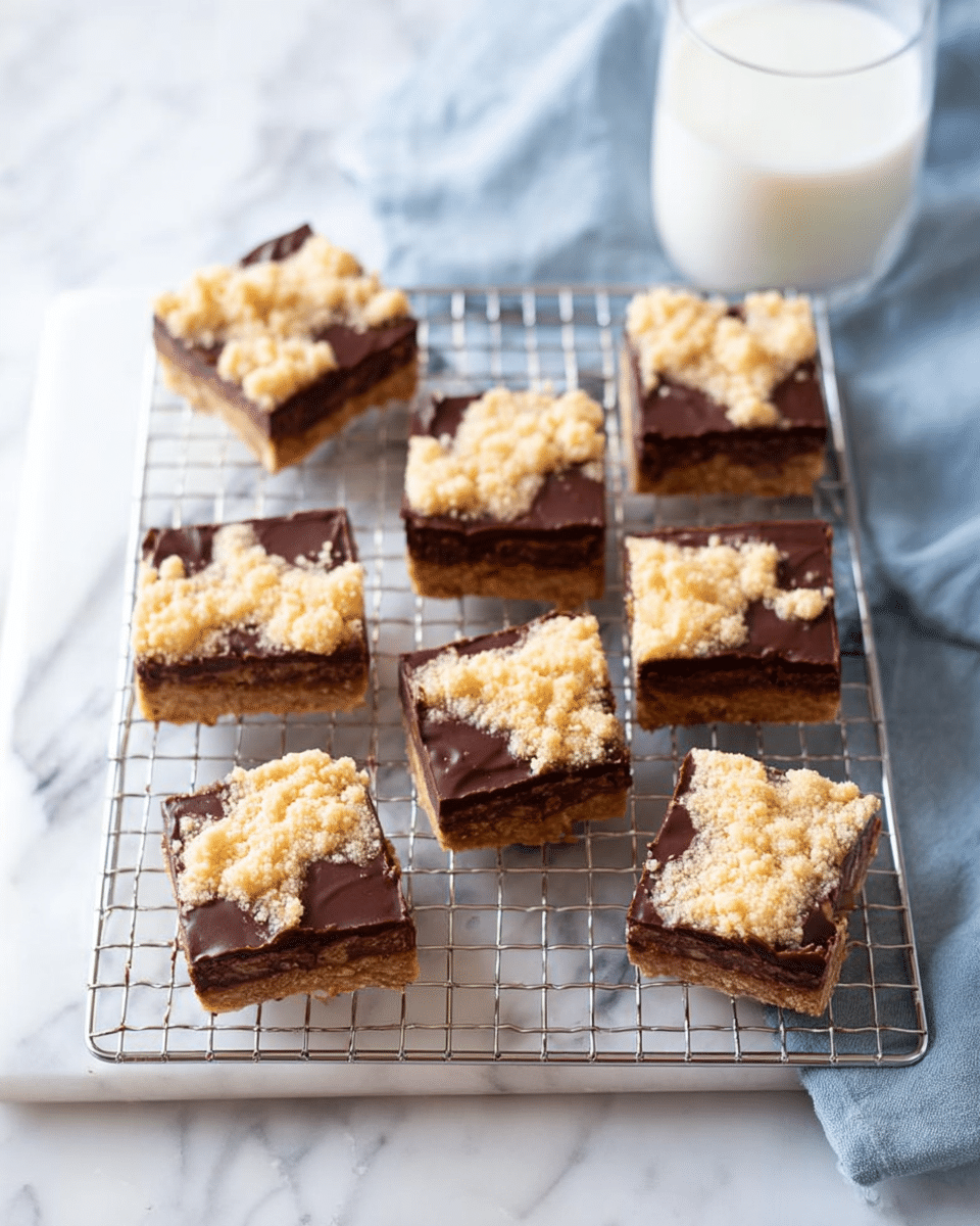 Nine square pieces of dessert rest on a metal cooling rack placed on a white marbled surface. Each piece has two main layers: a shiny, smooth dark brown chocolate layer that covers the bottom and most of the top, and an uneven, light beige crumbly layer spread irregularly on top in patches. The crisp white marbled background contrasts with the rich colors of the dessert, and in the corner, a clear glass with white milk on a soft blue cloth is partially visible. photo taken with an iphone --ar 4:5 --v 7