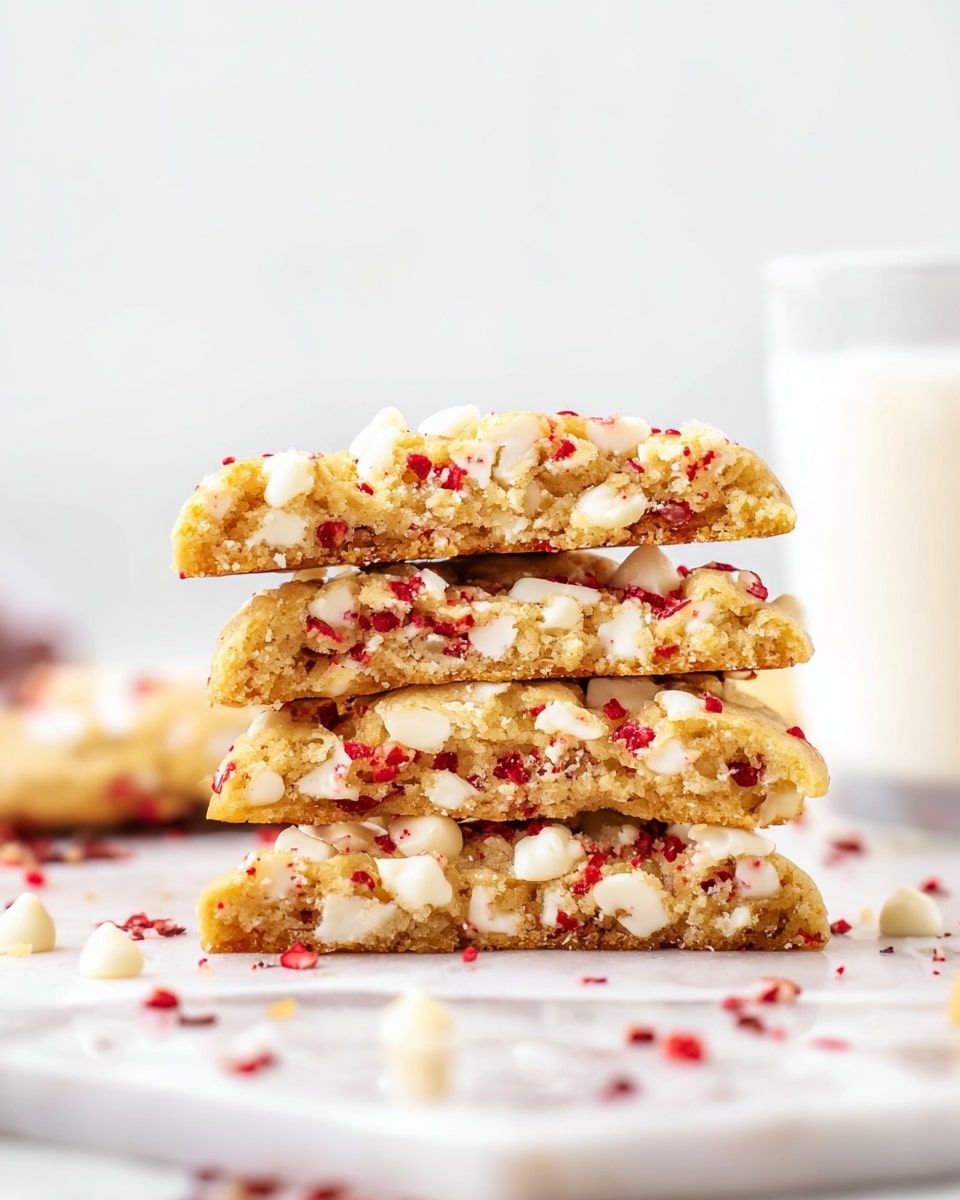 A stack of four thick cookies with a golden-brown soft texture is shown, each cookie broken in half to reveal a moist inside filled with white chocolate chips and small red bits evenly spread throughout. The cookies are placed on a white marbled surface with a few scattered white chocolate chips and red crumbs around. A glass of milk is softly blurred in the background, and a woman's hand is visible resting near the cookies. photo taken with an iphone --ar 4:5 --v 7