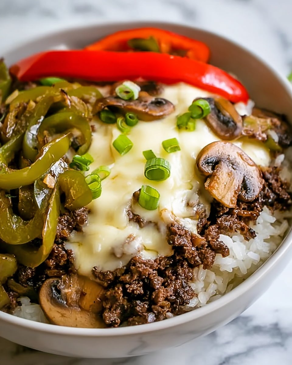 The dish is served in a white bowl placed on a white marbled surface. The bottom layer is white rice with a slightly fluffy texture. On top of the rice, there is a layer of cooked ground beef, dark brown and crumbly in texture, mixed with sautéed mushroom slices that are light brown with a soft, moist look. Alongside the beef and mushrooms, there are sautéed strips of green bell peppers with a slightly shiny, cooked surface and a strip of red bell pepper adding contrast. The dish is topped with melted white cheese that looks smooth and creamy, covering part of the beef and peppers. Small green onion pieces are scattered on the cheese, adding a fresh pop of color. Photo taken with an iphone --ar 4:5 --v 7