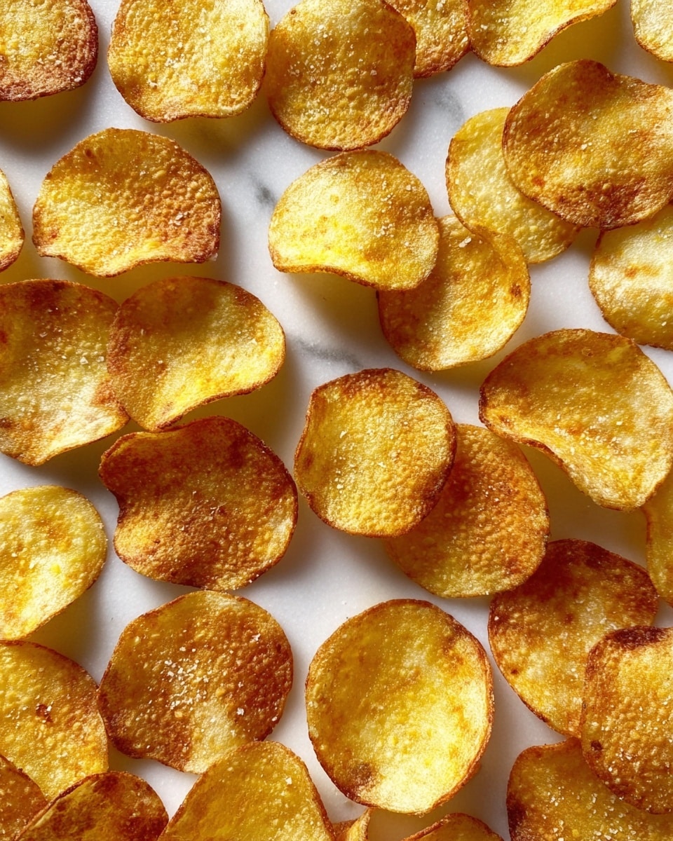 A close-up view of many round, thin potato chips spread out evenly on a white marbled surface. Each chip is golden yellow with varying degrees of crisp brown edges, showing a slightly rough and bubbly texture. The chips have uneven shapes with some more curled or warped than others, and a light sprinkle of salt is visible on their surfaces. The lighting highlights the golden color and crunchy texture of the chips. photo taken with an iphone --ar 4:5 --v 7
