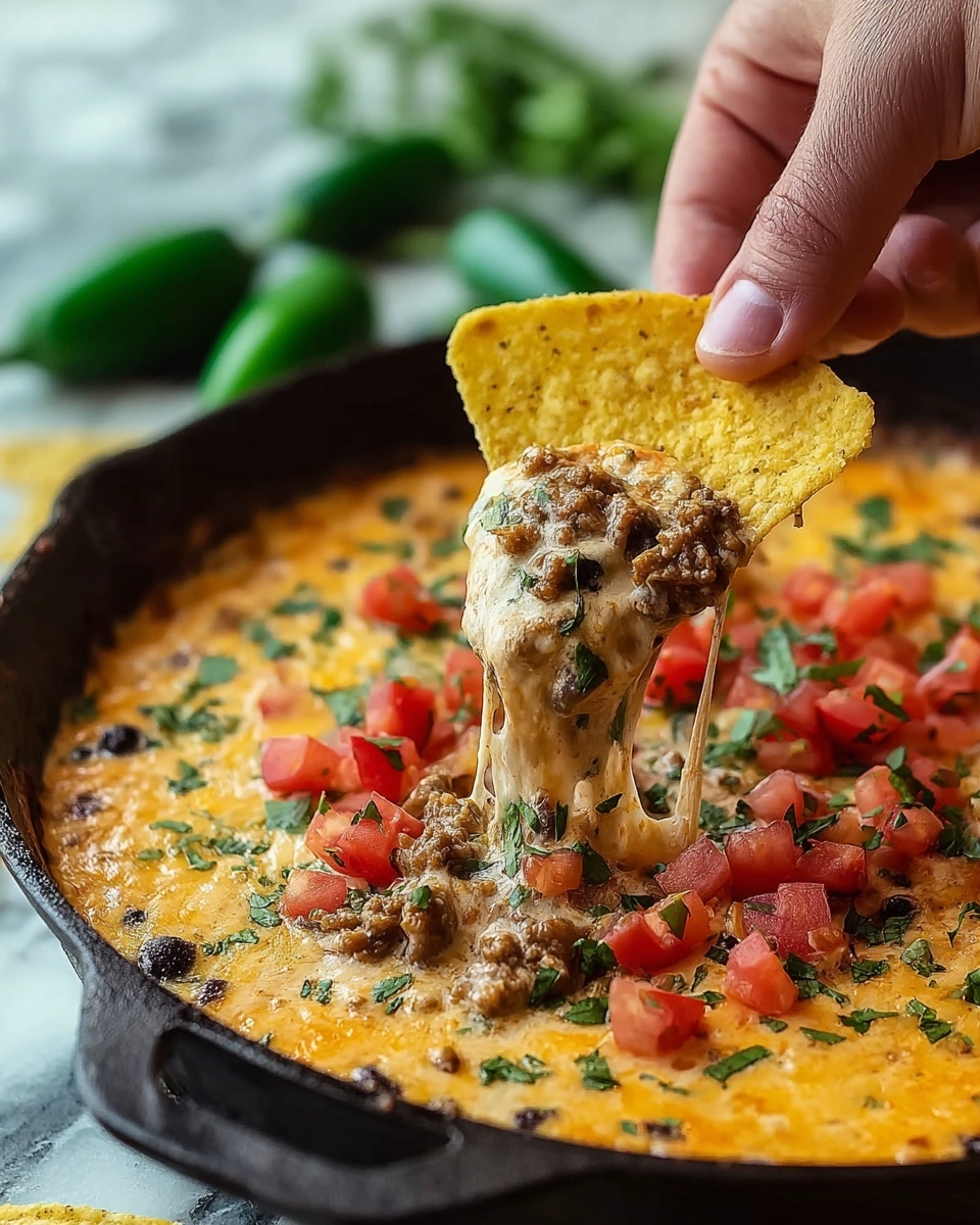 A close-up view shows a black skillet filled with a creamy, thick dip made from melted cheese mixed with browned ground meat and black beans. The dip has a warm orange-yellow color with specks of green herbs sprinkled on top, along with freshly chopped red tomatoes scattered across the surface. A woman's hand is holding a triangular yellow corn chip dipped into the cheese mixture, lifting it slightly above the skillet, with some chunks of tomatoes and herbs on the dip-covered chip. Two green jalapeños are blurred in the background on a white marbled texture surface. Photo taken with an iphone --ar 4:5 --v 7