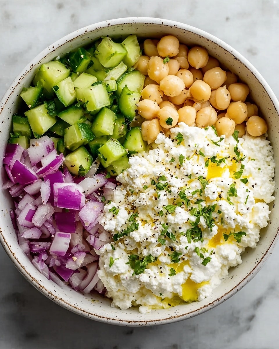 A close-up top view of a bowl filled with four distinct sections, each showing different ingredients. One section has bright green, diced cucumber pieces with a fresh, slightly shiny texture. Next to it are light beige chickpeas with smooth, round surfaces. Another section contains finely chopped purple-red onions mixed with small green herb pieces. The largest section is filled with fluffy, white cottage cheese, topped with scattered chopped green herbs and small drops of golden olive oil, and speckled with black pepper. The bowl is white with a speckled rim, set on a white marbled surface. photo taken with an iphone --ar 4:5 --v 7