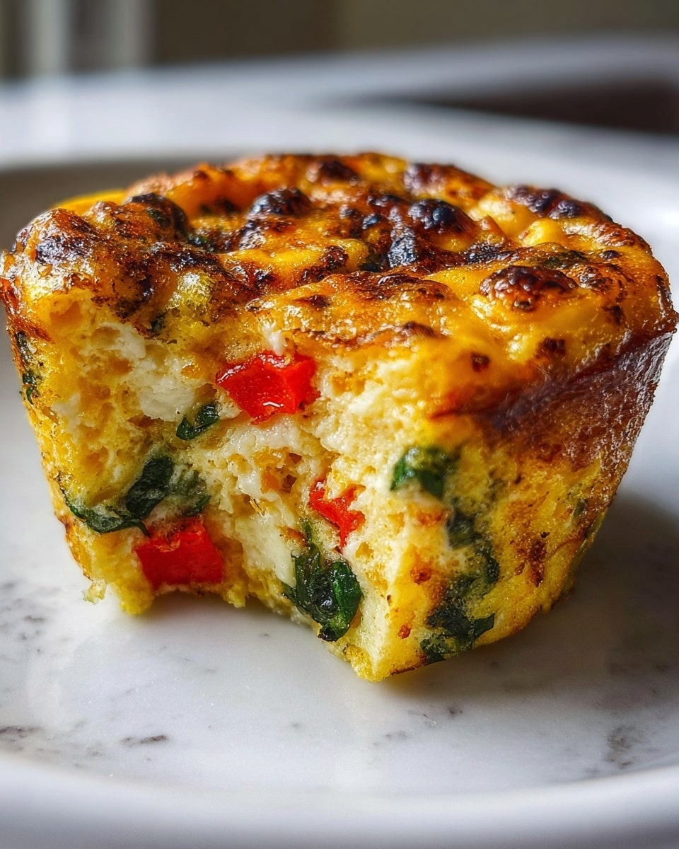 The image shows a single, round, baked egg muffin on a white plate. The muffin has two visible layers with a soft, fluffy texture, and the surface is golden brown with some darker, crispy spots. Within the muffin, there are visible bits of orange bell pepper and wilted green spinach scattered throughout, giving the dish vibrant splashes of color against the creamy white eggs. The edges are slightly browned and crisp, while the inside looks tender and moist. The background has a white marbled texture, enhancing the clean and fresh look of the dish. photo taken with an iphone --ar 4:5 --v 7