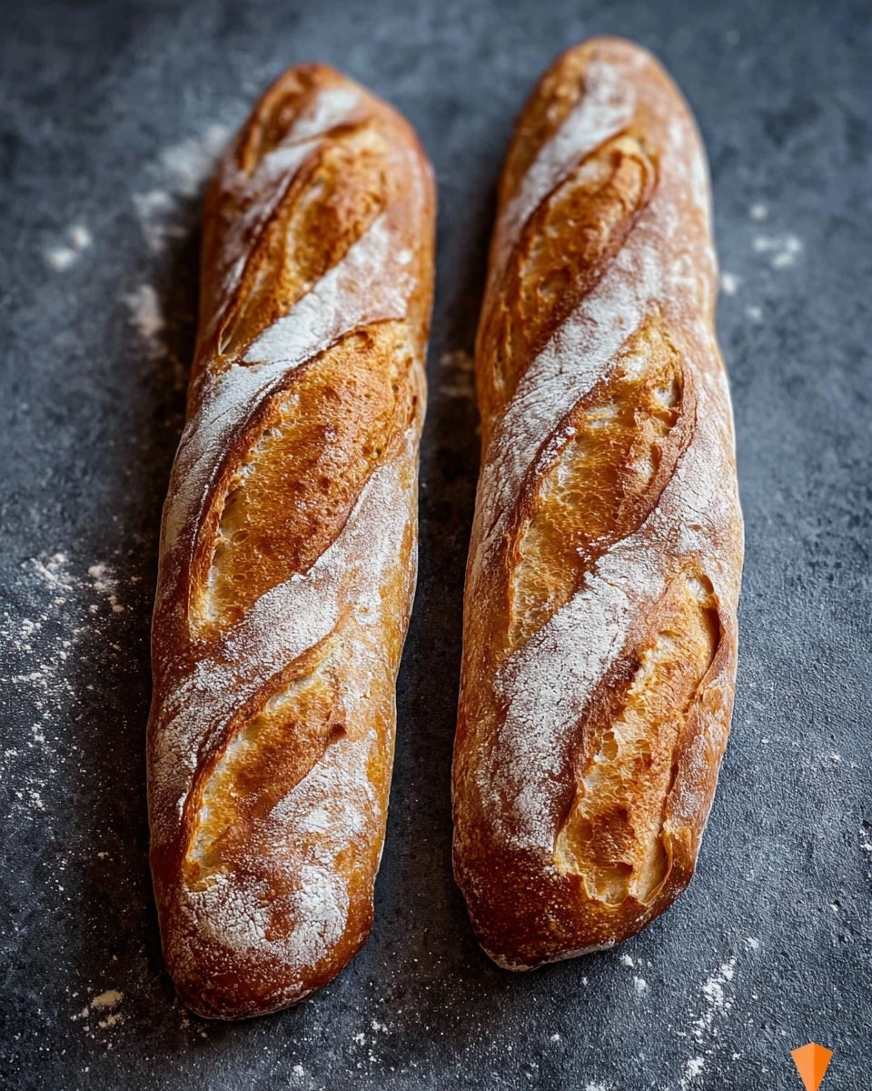 The image shows two freshly baked baguettes placed side by side on a dark grey textured surface with some scattered flour around them. The baguettes have a golden-brown crust with crisp ridges and cracks revealing a light, airy inside. The crust has a dusting of white flour giving a rustic look, and the elongated loaves have a slightly uneven, natural shape. The background and surface details bring out the warm color of the bread. photo taken with an iphone --ar 4:5 --v 7