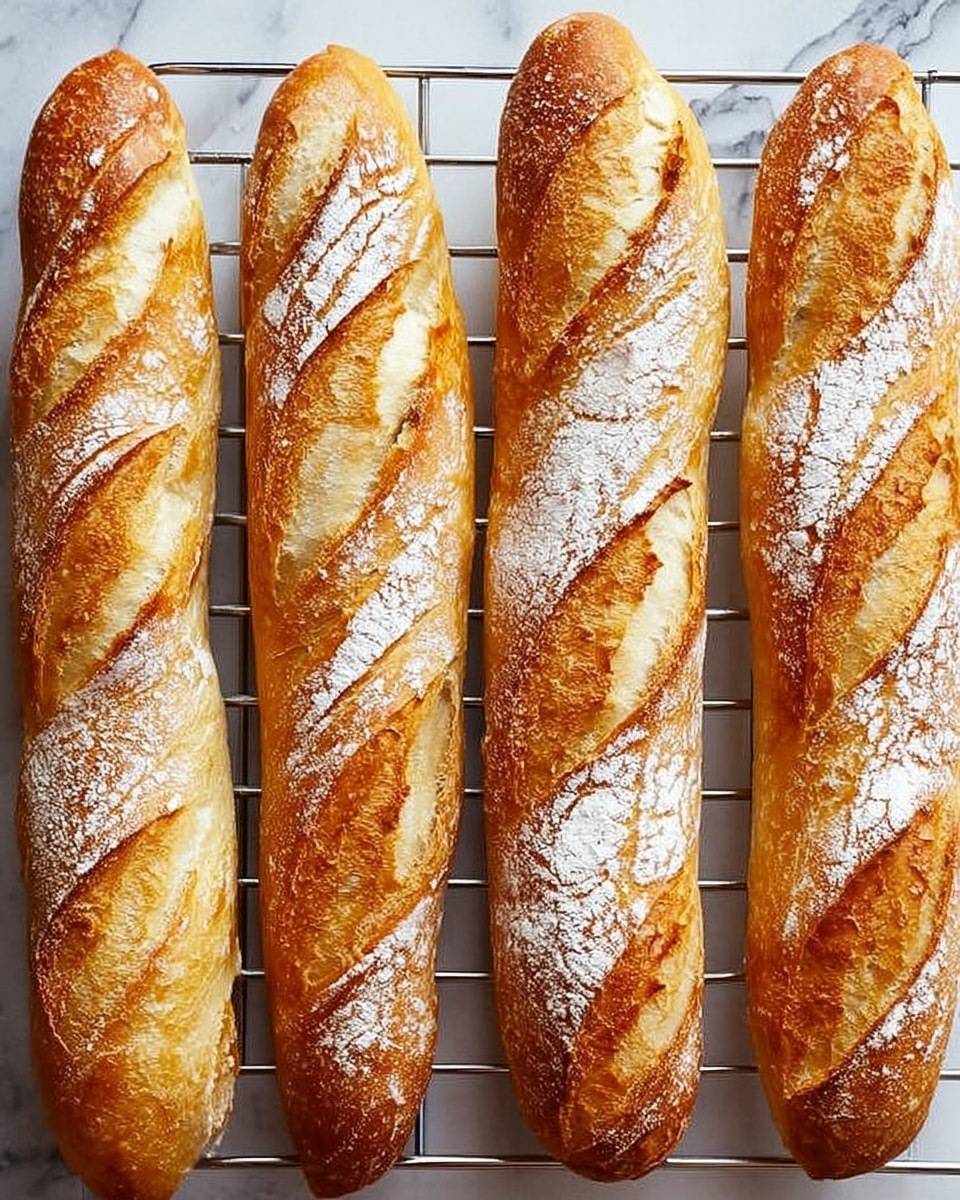 Four long golden-brown baguettes rest side by side on a silver cooling rack, each baguette showing three to four deep diagonal cuts on the top crust revealing a soft, light cream interior. The crusts are shiny with a slightly crisp texture, dusted lightly with white flour. The background is a white marbled texture, adding a clean and simple contrast to the warm tones of the bread. photo taken with an iphone --ar 4:5 --v 7