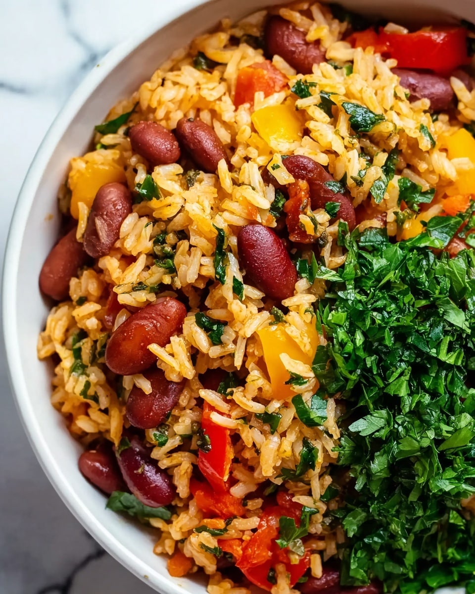 A close-up of a bowl filled with a colorful mix of cooked rice and large beans as the first layer, with visible pieces of red and yellow bell peppers mixed in, adding bright red and yellow colors. The second layer includes chopped green leafy herbs sprinkled on top, giving a fresh and lively green contrast to the warm colors of the rice and beans. The bowl is white and rests on a white marbled surface. The image is detailed, showing the texture of each rice grain, the smoothness of the beans, and the freshness of the herbs. photo taken with an iphone --ar 4:5 --v 7