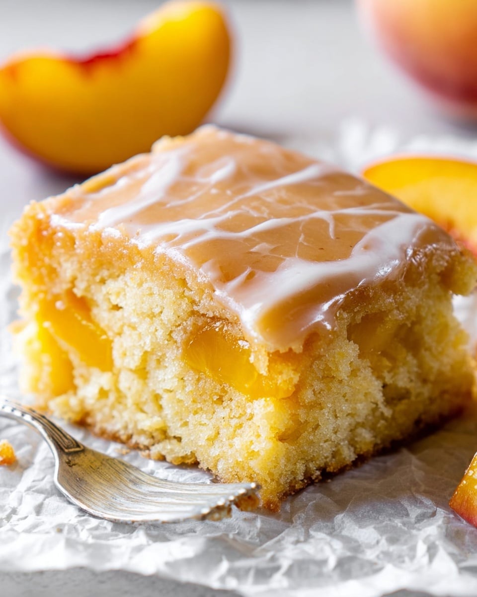 A close-up view of a square slice of peach cake showing two main layers: a thick light brown cracked glaze layer on top with a smooth and slightly shiny texture, and a soft yellow cake layer below filled with visible peach chunks giving patches of deeper orange. The slice is on crinkled white paper with a silver fork nearby on the left, and blurred peach slices in the background. The overall setting is on a white marbled surface. Photo taken with an iphone --ar 4:5 --v 7