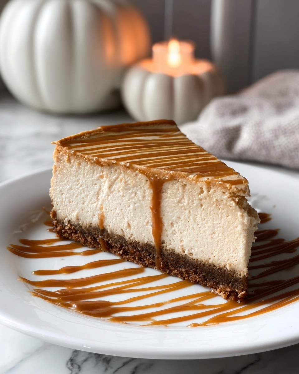 A slice of creamy, light brown layered cheesecake rests on a white plate with caramel sauce drizzled in a wavy pattern beneath it. The cake has three layers: a dark, crumbly brown crust at the bottom, a smooth and slightly denser light brown middle layer, and a fluffy, airy top layer of a similar light brown shade. The top surface is decorated with thin, straight lines of caramel sauce running horizontally. The background features a white ceramic pumpkin and a lit candle on a white marbled surface, creating a cozy atmosphere. photo taken with an iphone --ar 4:5 --v 7