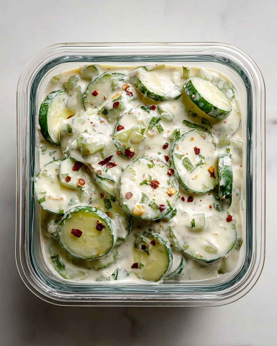 A clear glass square container filled with a creamy white sauce mixed with sliced green cucumbers and small chopped green herbs. The creamy sauce has specks of red chili flakes spread evenly across the surface. The cucumber slices vary in thickness, showing light green skin and pale interiors. The container is placed on a white marbled texture, creating a clean, fresh look. photo taken with an iphone --ar 4:5 --v 7