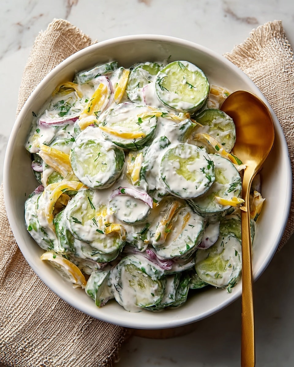 A white bowl filled with creamy cucumber salad sits on a white marbled surface with a beige textured cloth nearby. The salad has three visible layers: thick slices of green cucumbers mixed with thin strips of yellow and purple vegetables, all covered in a thick, white creamy dressing with small green herb bits scattered throughout. A gold spoon rests inside the bowl on the right side, adding a warm tone contrast. The overall look is fresh and creamy. photo taken with an iphone --ar 4:5 --v 7