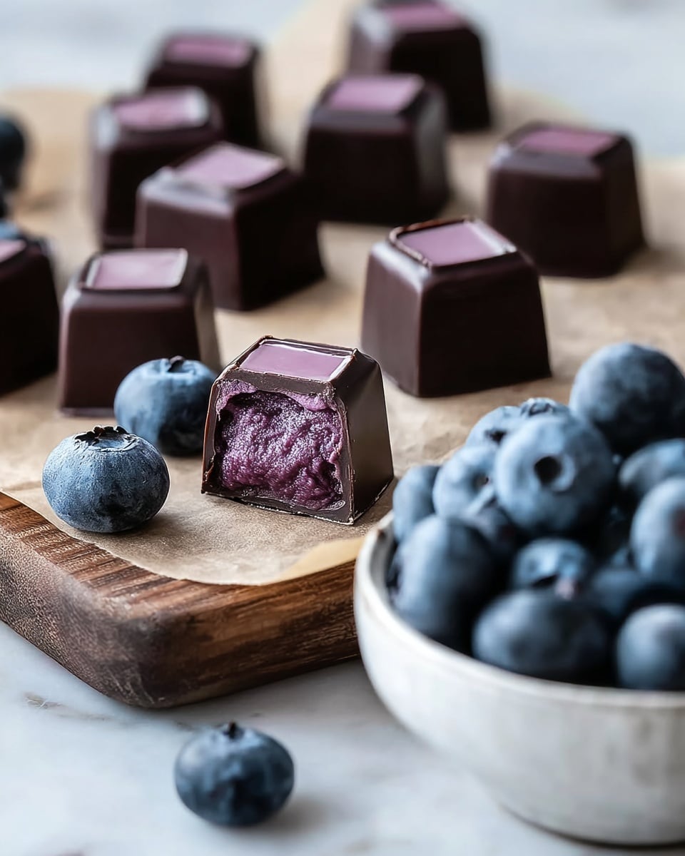 The image shows several small, square-shaped dark chocolates placed on brown parchment paper on a wooden board. One chocolate in the front is cut in half, revealing a deep purple, smooth filling inside. Next to the chocolates are a few fresh blueberries with a rich blue color and natural texture. In the foreground, there is a white bowl filled with more blueberries, slightly out of focus. The scene is set on a white marbled surface with soft natural light creating gentle reflections on the glossy chocolate surfaces. photo taken with an iphone --ar 4:5 --v 7
