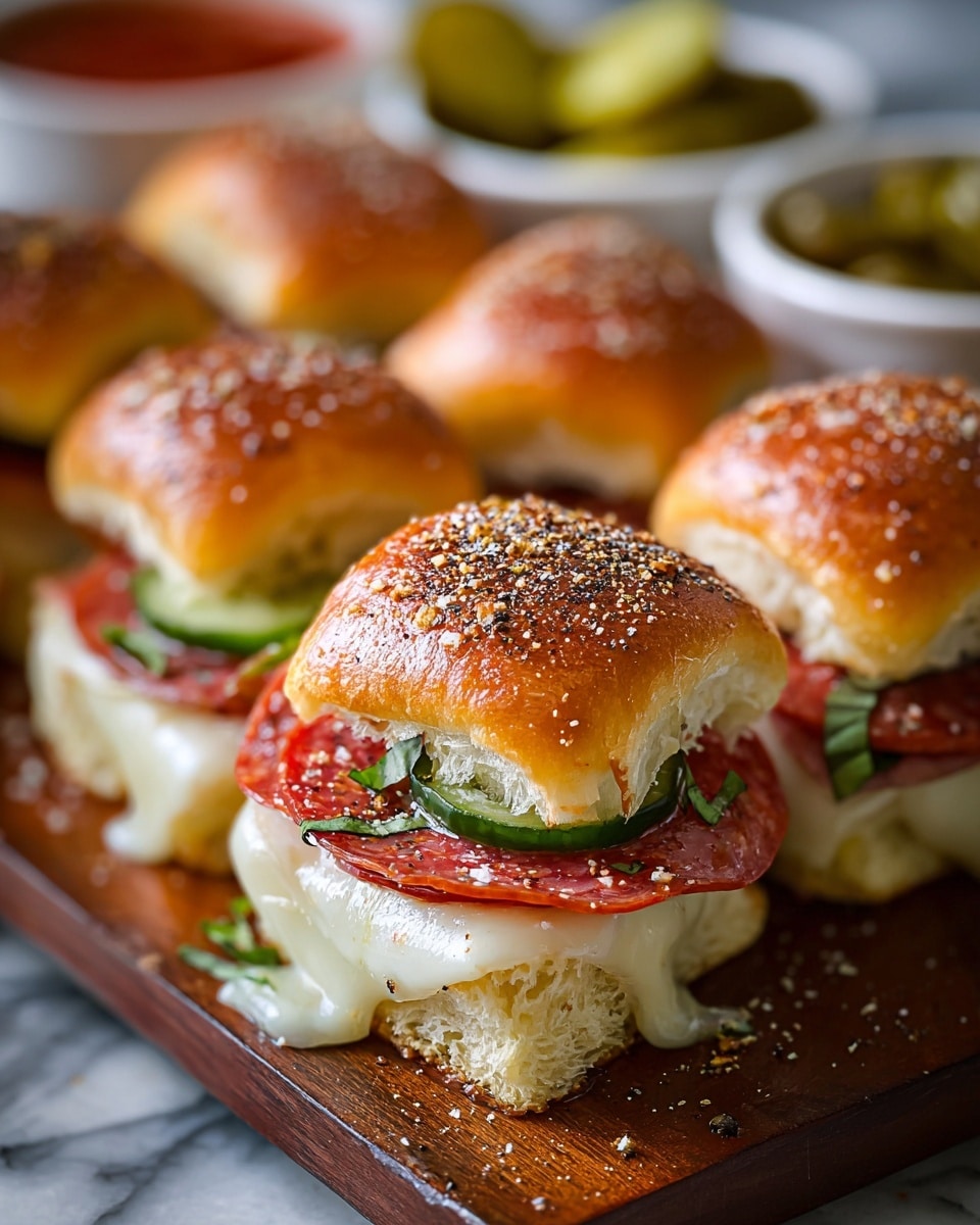 The image shows several small sandwiches arranged closely on a wooden board, each with a shiny, golden-brown top bun sprinkled with coarse salt and black pepper. The sandwiches have three main visible layers under the top bun: thin slices of green pickles, bright red pepperoni peppered with black seasoning, and melted white cheese that drips slightly over the bottom light yellow bread base. Fresh green herbs add a touch of color between the pepperoni and the melted cheese. In the blurred background, there are small white bowls with pickles and a red sauce, all set on a white marbled surface. photo taken with an iphone --ar 4:5 --v 7
