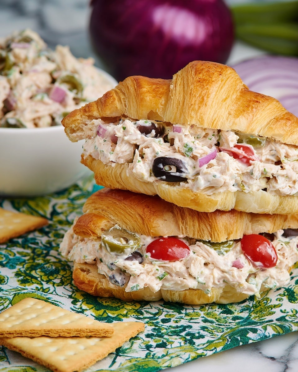 The image shows two croissant sandwiches stacked on each other on a green patterned cloth. Each croissant is golden brown and flaky with a soft texture. Inside, there is a thick layer of creamy chicken salad mixed with visible chunks of white chicken meat, small pieces of purple onion, black olive slices, bright red cherry tomato halves, and green capers. Nearby, there are a few triangle-shaped crackers and a white bowl filled with the same chicken salad. In the background, a purple onion is cut in half. The whole setting is on a white marbled surface. Photo taken with an iphone --ar 4:5 --v 7