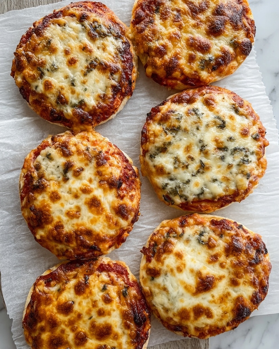 Six small, round mini pizzas are placed on a white parchment paper over a white marbled surface. Each pizza has two visible layers: a thin, golden-brown crust at the bottom and a thick, bubbly cheese layer on top that is melted and browned in spots, showing a mix of light and dark golden hues. Some pizzas have hints of green herbs visible under the cheese, while others have a reddish tomato sauce peeking through the cheese along the edges. The pizzas are arranged in two columns of three, filling most of the frame, with a rustic, homemade look. photo taken with an iphone --ar 4:5 --v 7
