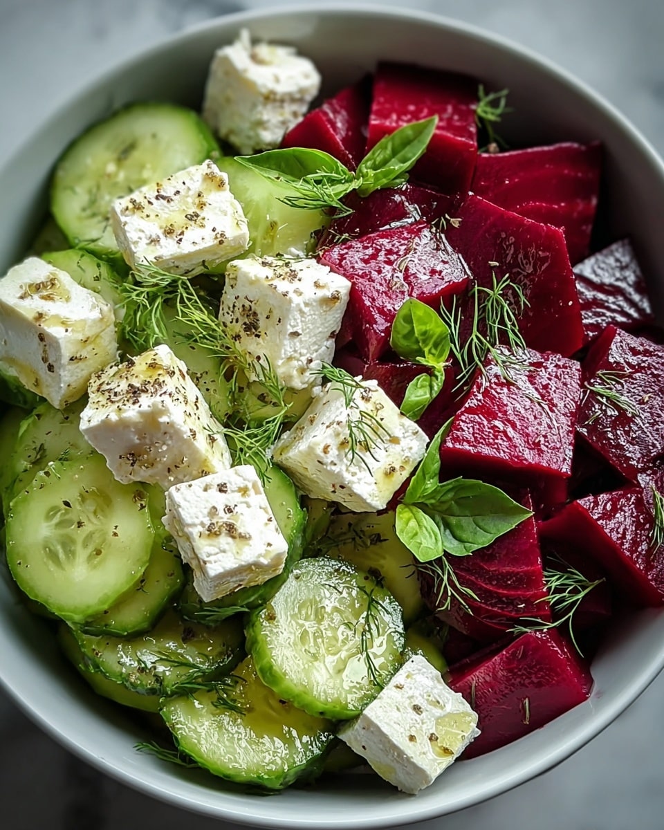 A fresh salad in a white bowl features three main layers: the bottom layer has round cucumber slices with a smooth green skin and translucent light green centers, the middle layer consists of deep red beet chunks cut into cubes with a moist and glossy texture, and the top layer includes white feta cheese cubes sprinkled with ground black pepper and drizzled with olive oil, along with fresh green basil leaves and delicate dill sprigs as garnish. The ingredients are shiny and well mixed, sitting on a white marbled texture. Photo taken with an iphone --ar 4:5 --v 7