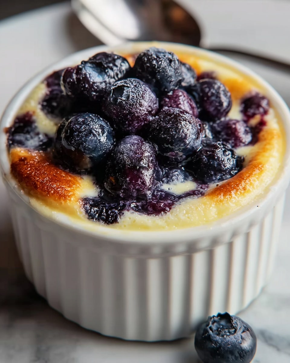 A small white ribbed ramekin filled with a baked custard dessert that has a golden brown top layer slightly puffed around the edges. Inside the custard, numerous dark blue and purple blueberries are mixed in and piled high on top, glistening as if lightly sugared or glazed. The smooth creamy custard contrasts with the textured, plump berries filling the top half of the ramekin. The dessert sits on a white marbled surface with a blurred silver spoon in the background. photo taken with an iphone --ar 4:5 --v 7