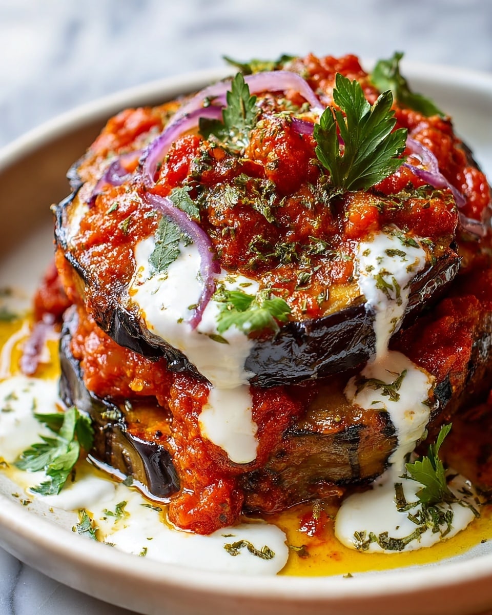 A close-up view of a dish with two thick layers of grilled eggplant slices that are golden brown with charred edges, stacked on a white plate. The top layer is covered with chunky red tomato sauce, some of which drips down the sides. White creamy sauce is drizzled generously over the eggplant and tomato sauce, creating a smooth contrast. Thin slices of purple onion and fresh green parsley leaves are scattered on top, adding color and texture. Small bits of dried herbs are sprinkled on the sauces, enhancing the visual detail. The dish sits on a white marbled surface. photo taken with an iphone --ar 4:5 --v 7