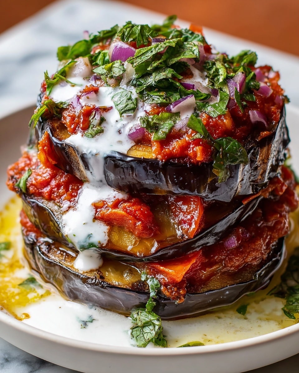 A stack of three grilled eggplant slices, each thick and showing a rich purple skin with golden seared edges, is layered on a white plate. Between each eggplant layer is a chunky red tomato sauce, visible through the slightly soft texture of the eggplant. On top, there is a light drizzle of white yogurt sauce that spills slightly down the sides, mixed with chopped fresh green herbs and pieces of purple-red onion, adding color and texture contrast. The dish looks moist with a touch of olive oil on the plate, all set against a white marbled background. Photo taken with an iphone --ar 4:5 --v 7