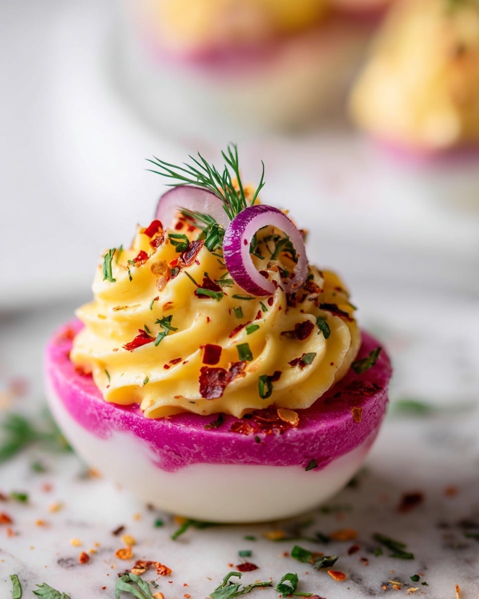 The image shows a close-up of a deviled egg with three main layers. The bottom layer is a smooth white egg white with a bright pink outer edge. On top is a thick swirl of creamy yellow filling, sprinkled with small red chili flakes and green chopped herbs. The filling is decorated with a small red onion ring and a small green dill sprig, adding texture and color. The egg sits on a white plate with a white marbled texture background, with some scattered herbs and spices around. Photo taken with an iphone --ar 4:5 --v 7